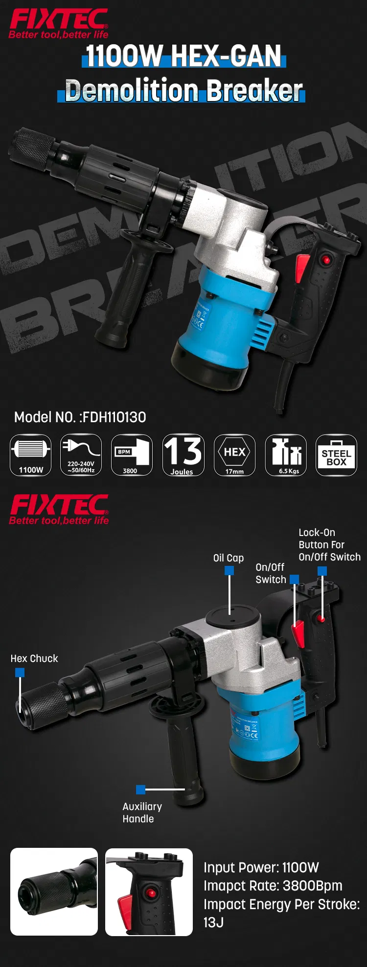 Fixtec 1100W 220V Electric Demolition Jack Hammer Breaker Hammer Power Tools