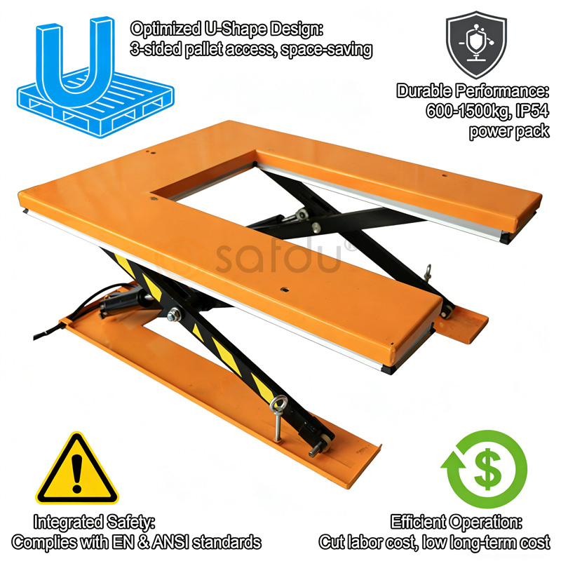 U-Shape Low Profile Electric Hydraulic Lift Table with 1500 Kg Capacity