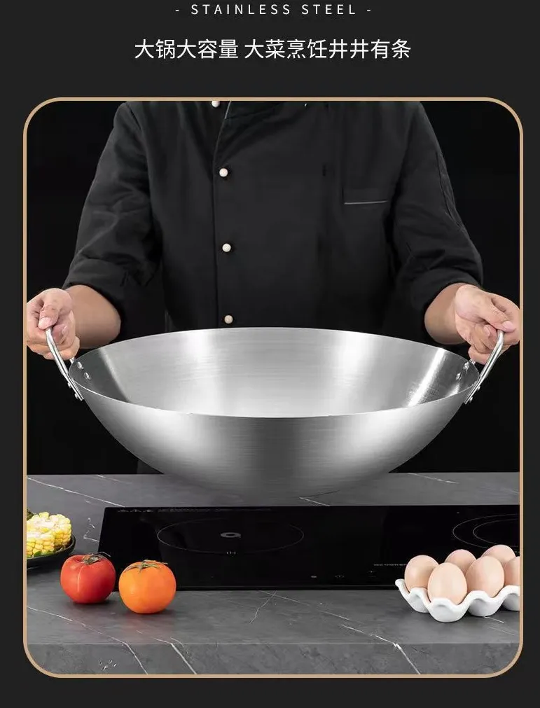Thickened Stainless Steel Wok Pan Dual-Handled Frying Pan for Chinese Style Stir-Fry, Restaurant, Stove Top