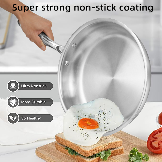 Whole Body Triply 304 Stainless Steel Induction Frying Pan Skillets Oven/Dishwasher-Safe PFOA/PFAS Free Fast &amp; Even Heat