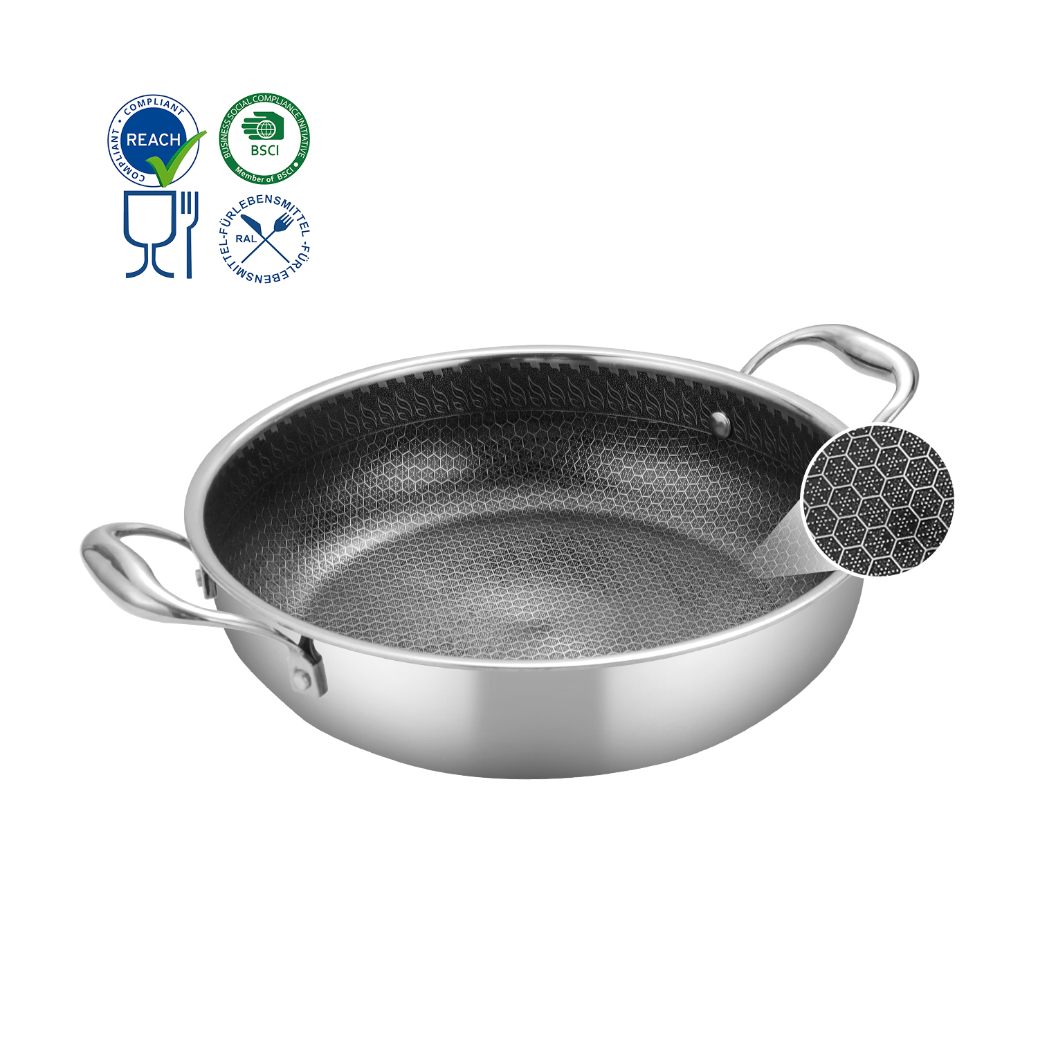 Factory Three Layers Stainless Steel Honeycomb Saute Pan Triply Hybrid Non Stick Stainless Steel Deep Frying Pan