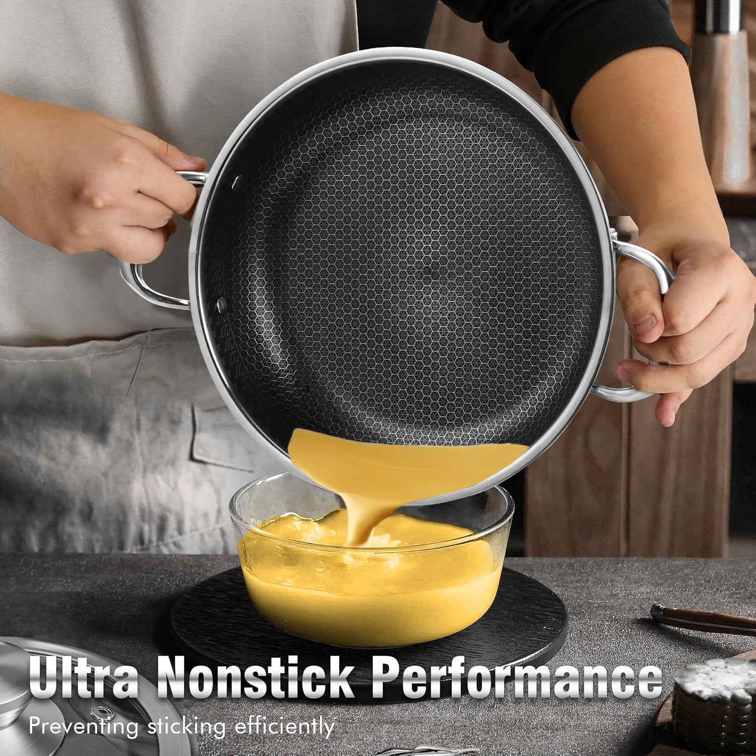 Factory Three Layers Stainless Steel Honeycomb Saute Pan Triply Hybrid Non Stick Stainless Steel Deep Frying Pan