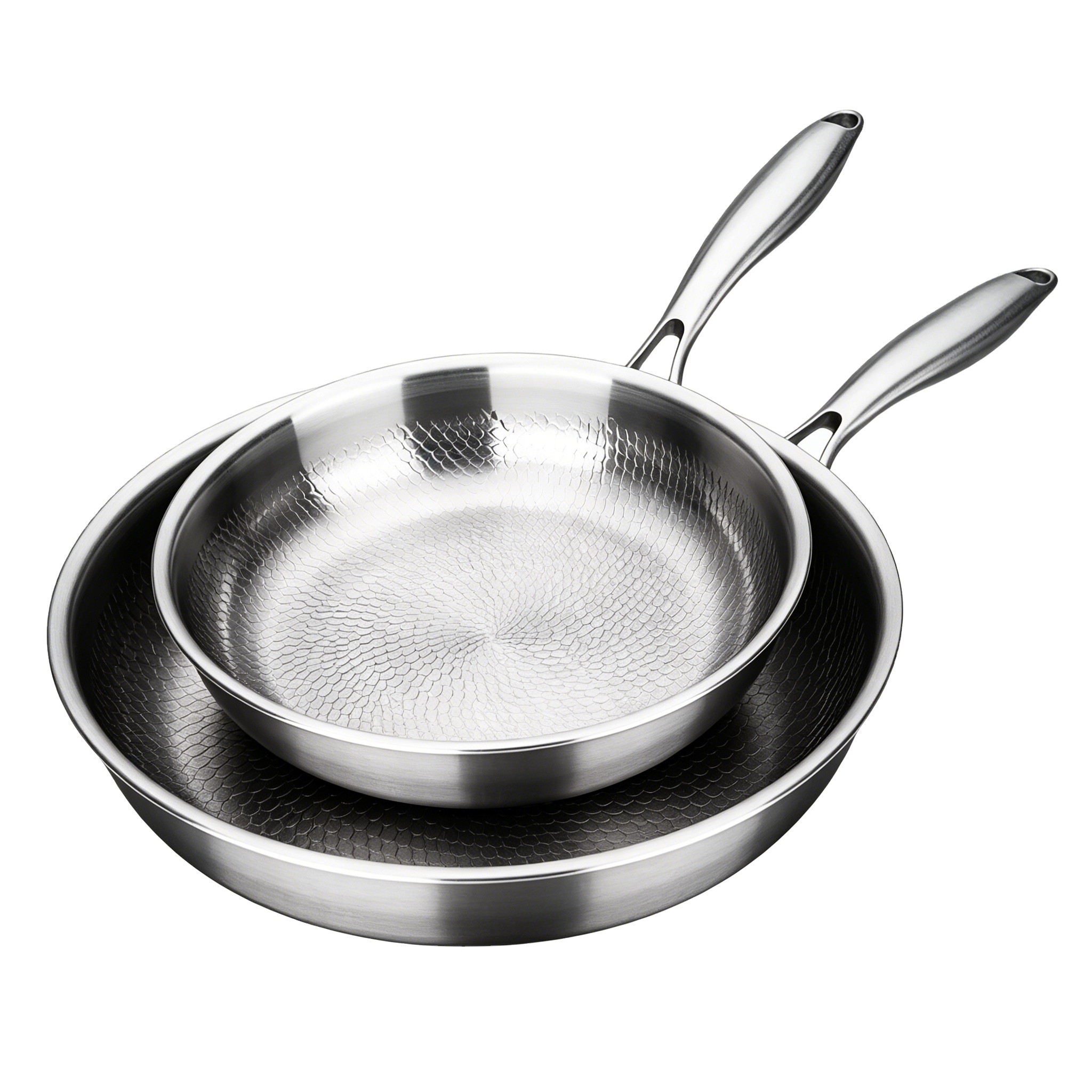 Professional Tri-Ply 304 Stainless Steel Hammered Pan Flat Bottom Nonstick Skillet Glass Lid Easy Clean Hand Wash Only All