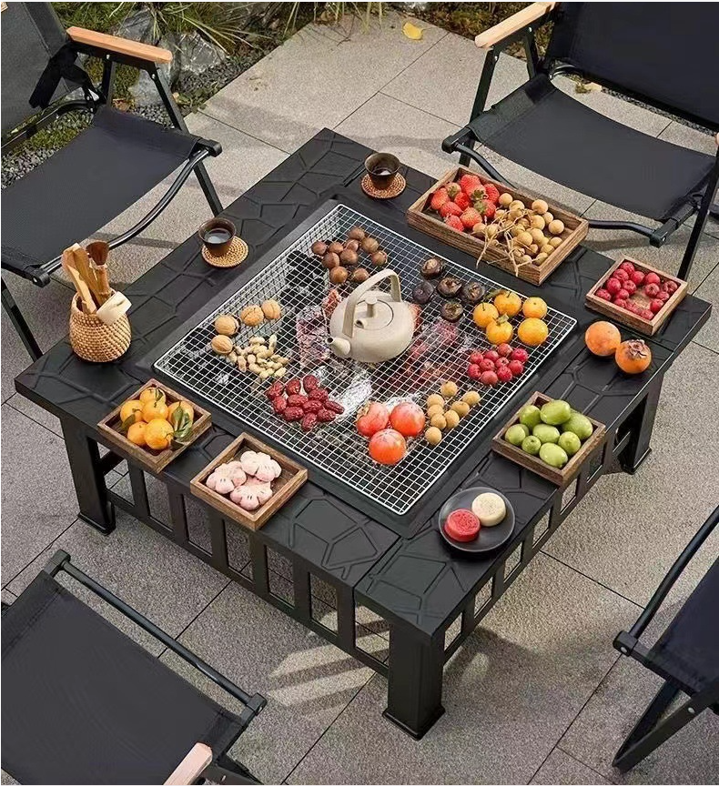 Custom Home Garden Portable Adjustable Charcoal BBQ Square Table Stove Campfire Brazier Outdoor Camping Fire Pit Stainless Steel