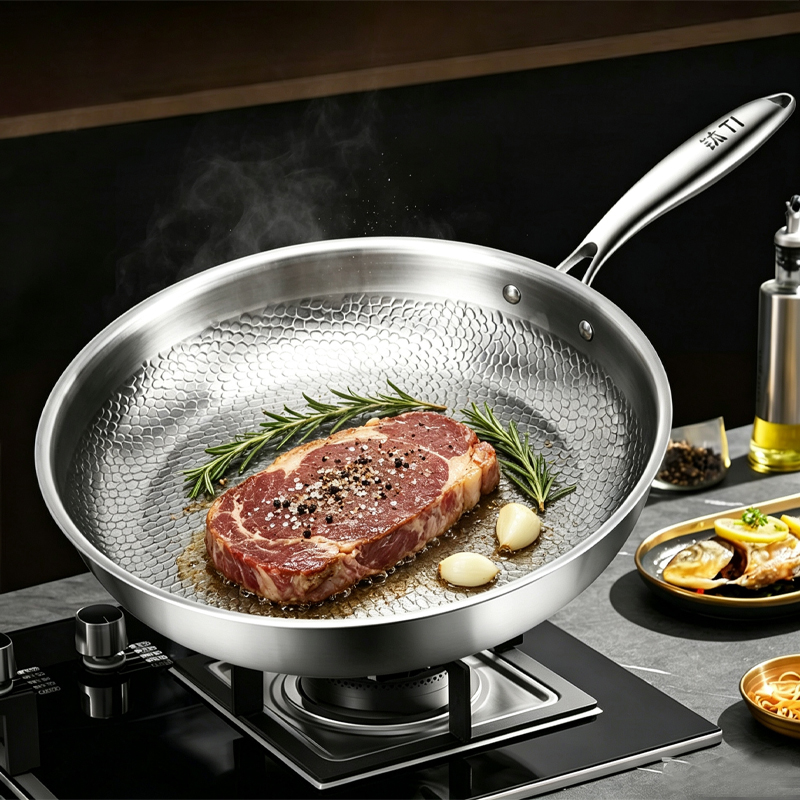 Modern Eco-Friendly 304 Stainless Steel Hammered Frying Pan Titanium Reinforced Physical Non-Stick No Coating Dishwasher Safe