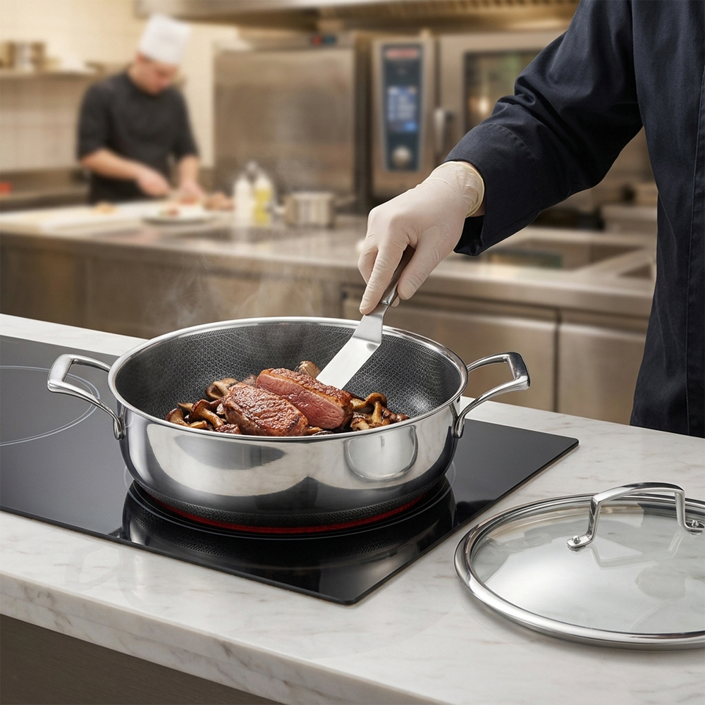 Tri-ply 304 Stainless Steel Fry Pan Cooking Saut&eacute; Pan Honeycomb Pan Soup Pot with Glass Lid and Double Ear for Kitchen Use