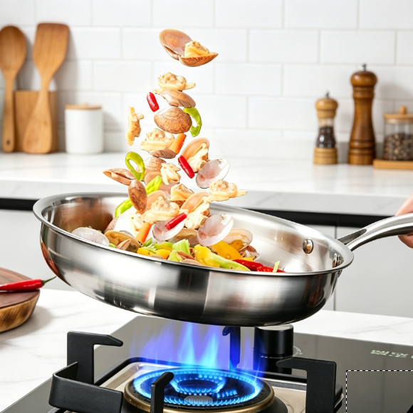 FLEY Uncoated Stainless Steel Frying Pan Multi Stove Compatible Induction Cookware Heat Resistant Skillet For Daily Cooking Use