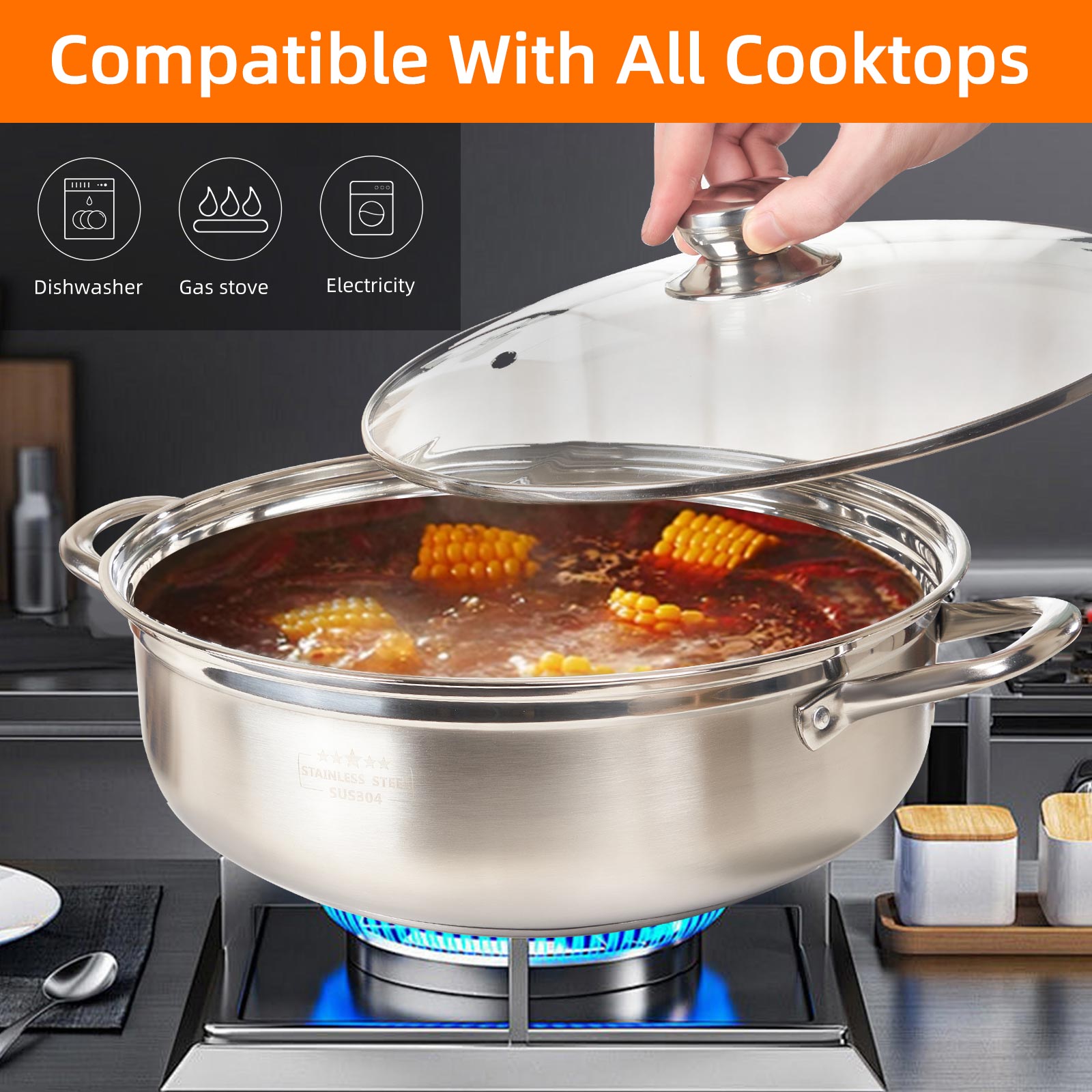 Five-Ply Stainless Steel Everyday Pan with Lid Kitchen Induction Deep Saute Pan Shabu High Side Cooking Pot Oven Safe Stock Pot
