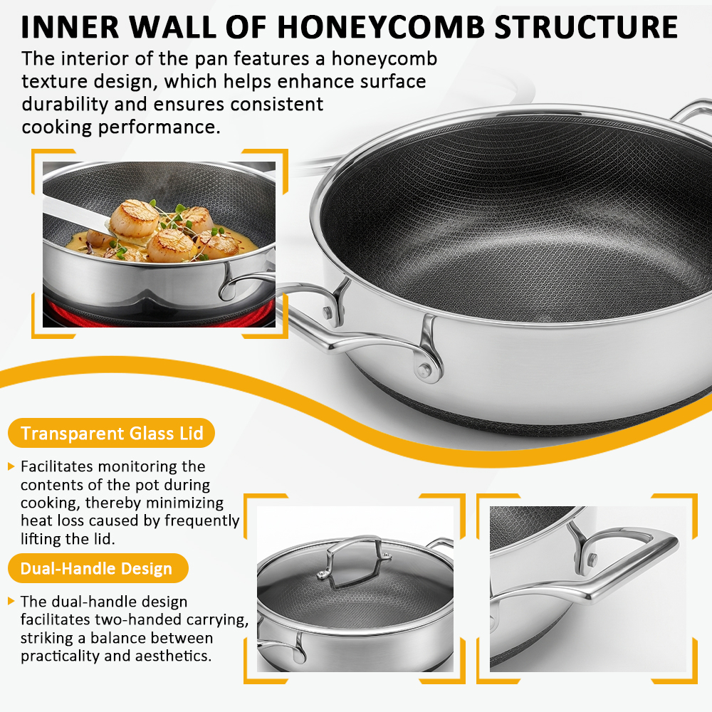 Tri-ply 304 Stainless Steel Fry Pan Cooking Saut&eacute; Pan Honeycomb Pan Soup Pot with Glass Lid and Double Ear for Kitchen Use