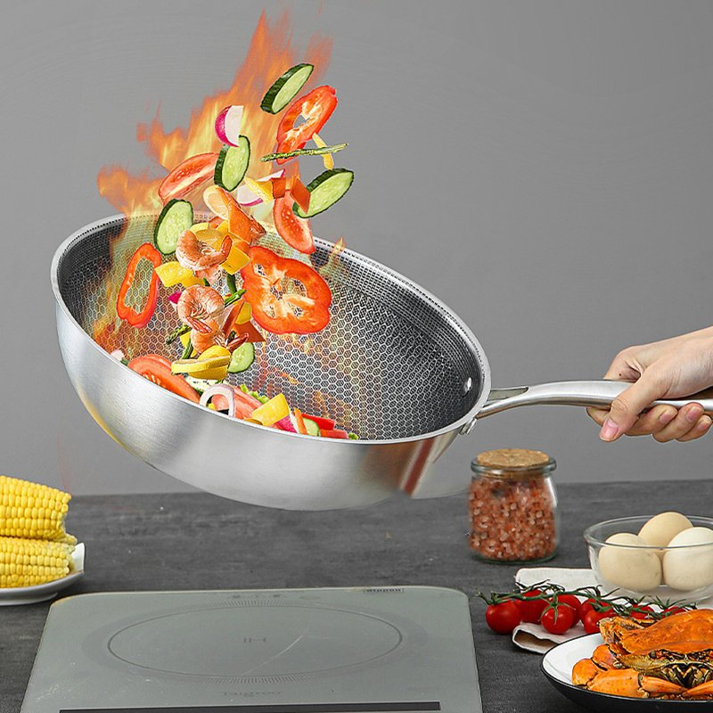 Stainless Steel Non Stick Steak Deep Frying Pan Honeycomb Stir Frypan Kitchen Woks
