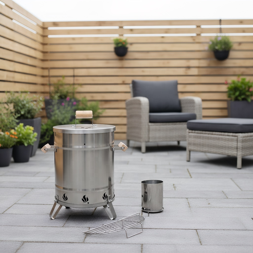 Modern BBQ Fire Pit Stove - Elegant Stainless Steel Grill and Ambient Heater for Garden Parties, Decks and Outdoor Living Spaces