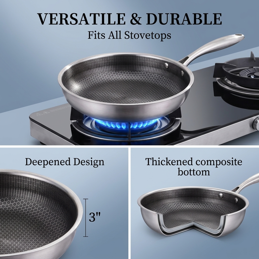 FLEY 304 Tri-ply Stainless Steel Honeycomb Wok Pan Non-stick Induction Skillet With Cool Handle For Eggs Steaks Daily Cooking