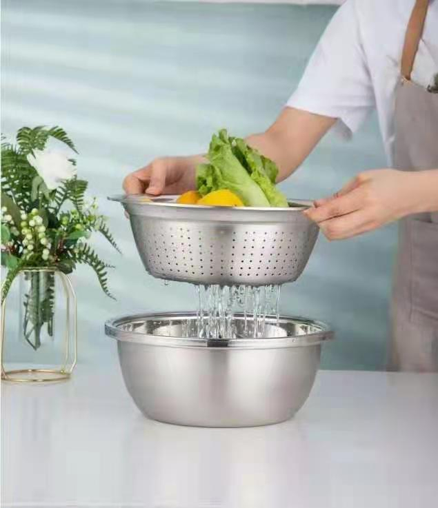 Multifunctional 3PCS Grater Set Stainless Steel Colander Mixing Bowls Washing