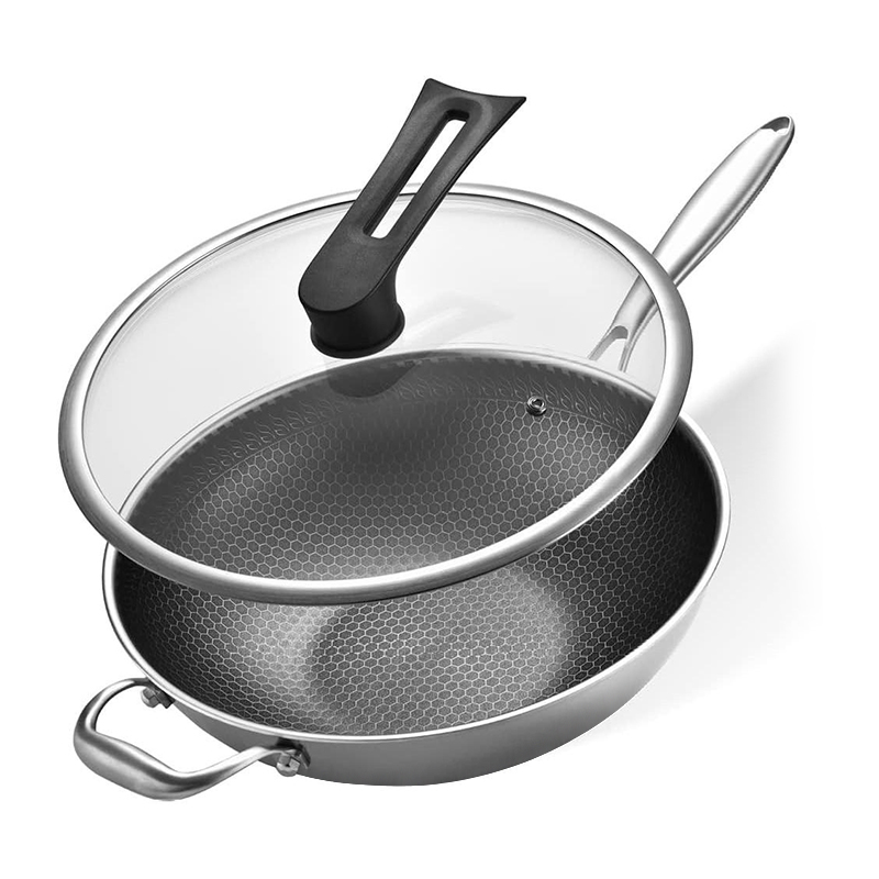 Nonstick Wok Pan Honeycomb 410 Stainless Steel 1-layer Skillets 30-36cm Lids for Gas Stove Restaurant