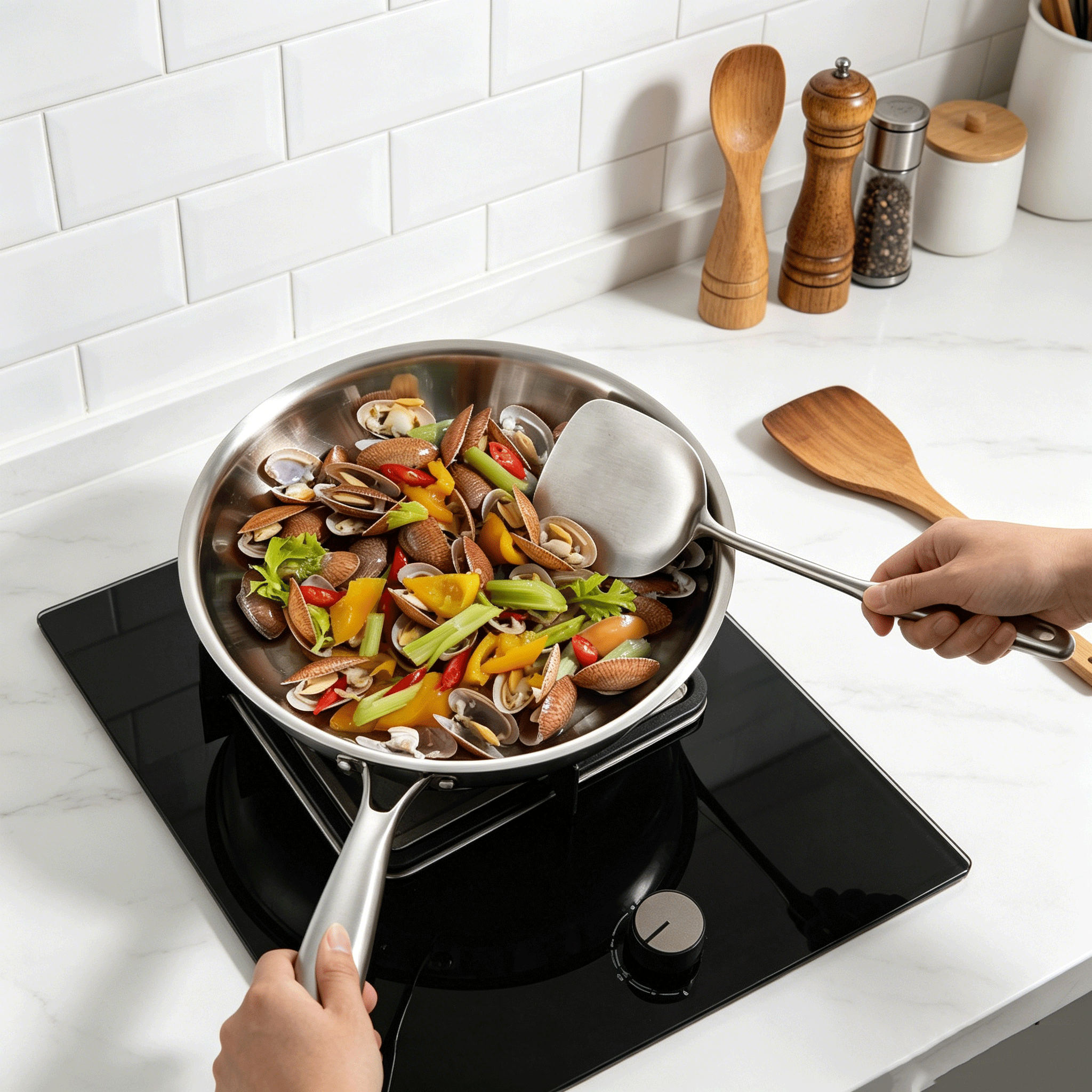 FLEY Uncoated Stainless Steel Frying Pan Multi Stove Compatible Induction Cookware Heat Resistant Skillet For Daily Cooking Use