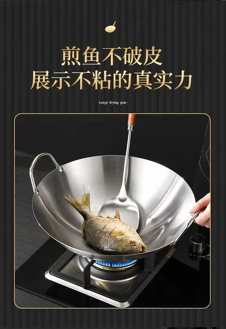 Stainless Steel Wok - Double Handle Round Bottom Pan