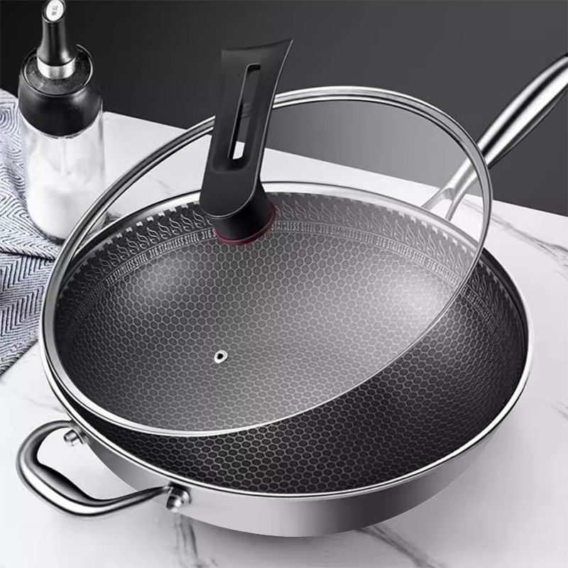 Nonstick Wok Pan Honeycomb 410 Stainless Steel 1-layer Skillets 30-36cm Lids for Gas Stove Restaurant