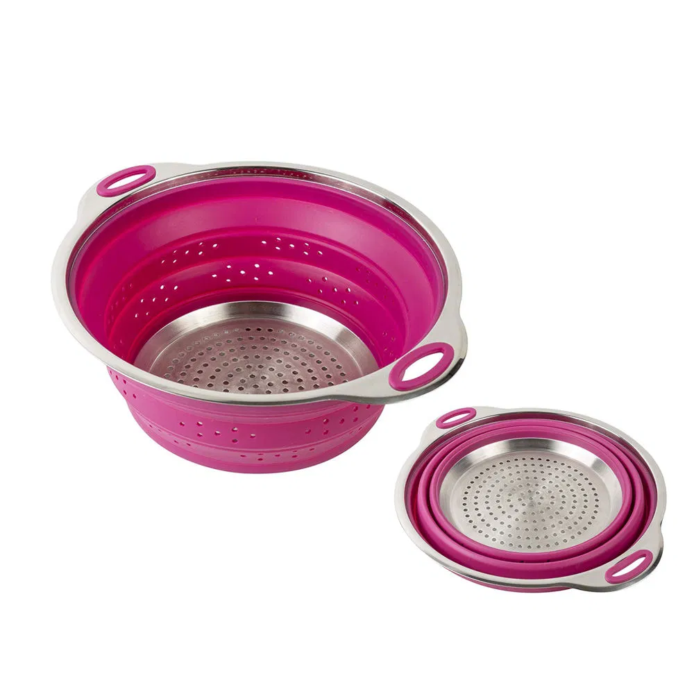Foldable Silicone Colander for Vegetables - Stainless Steel Base, Collapsible Design