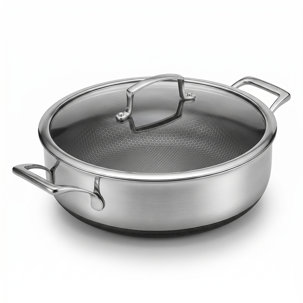Tri-ply 304 Stainless Steel Fry Pan Cooking Saut&eacute; Pan Honeycomb Pan Soup Pot with Glass Lid and Double Ear for Kitchen Use