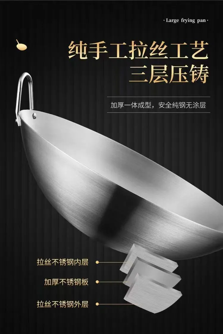 Stainless Steel Wok - Double Handle Round Bottom Pan