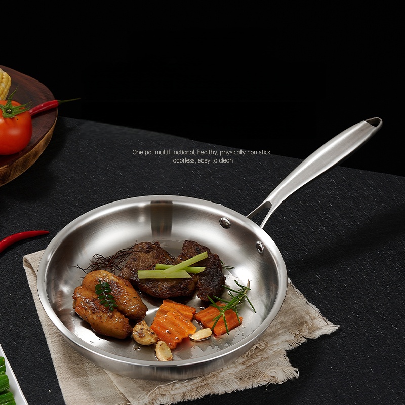 304 Stainless Steel Frying Pan Triple-layer Steel Flat Bottom Custom Non-stick Suitable for Frying Steaks