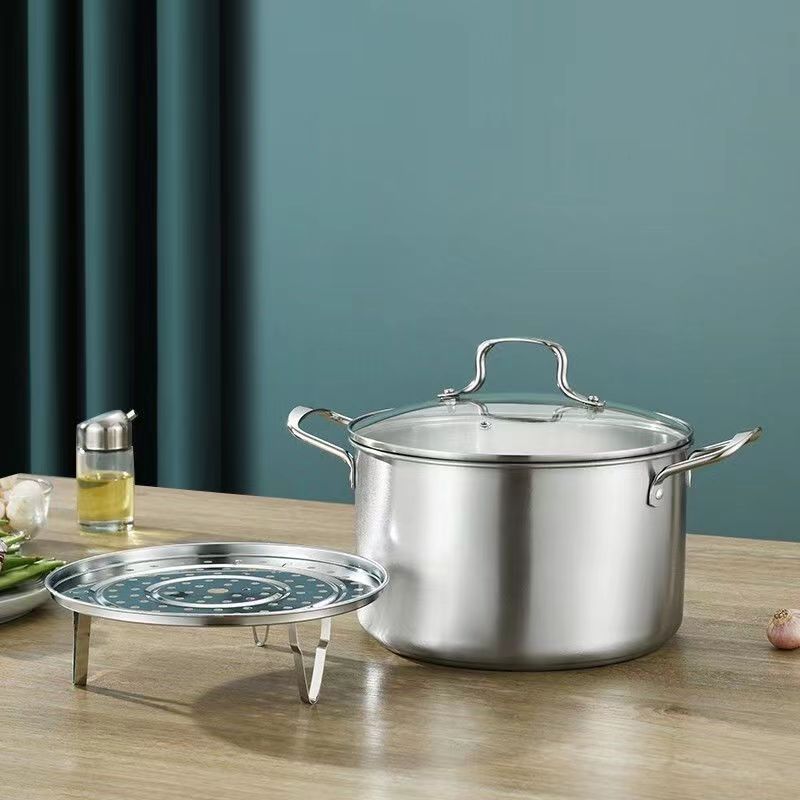 28cm Food Grade Stainless Steel All-Stovetop Safe Stockpot Dutch Oven Simmer Soup Pot Glass Lid 16set Per Carton