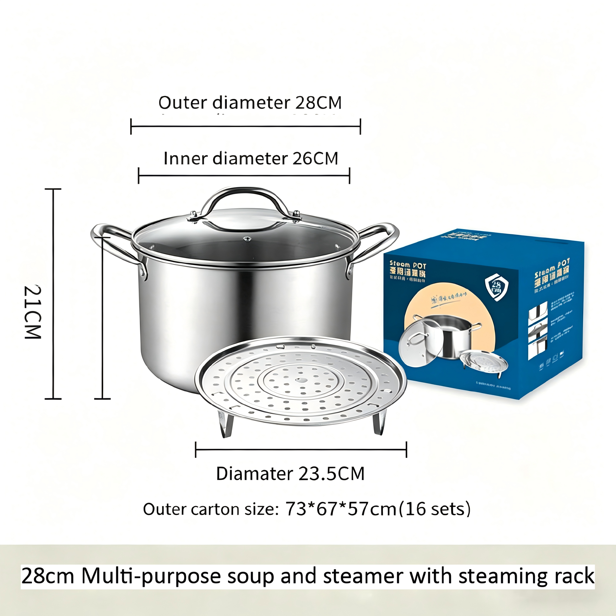28cm Food Grade Stainless Steel All-Stovetop Safe Stockpot Dutch Oven Simmer Soup Pot Glass Lid 16set Per Carton