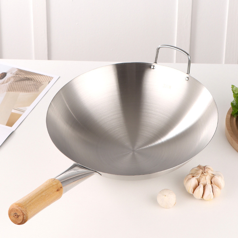 Stainless Steel Wok with Long Wooden Handle