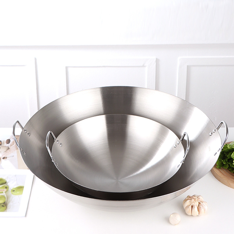 Thickened Stainless Steel Wok Pan Dual-Handled Frying Pan for Chinese Style Stir-Fry, Restaurant, Stove Top