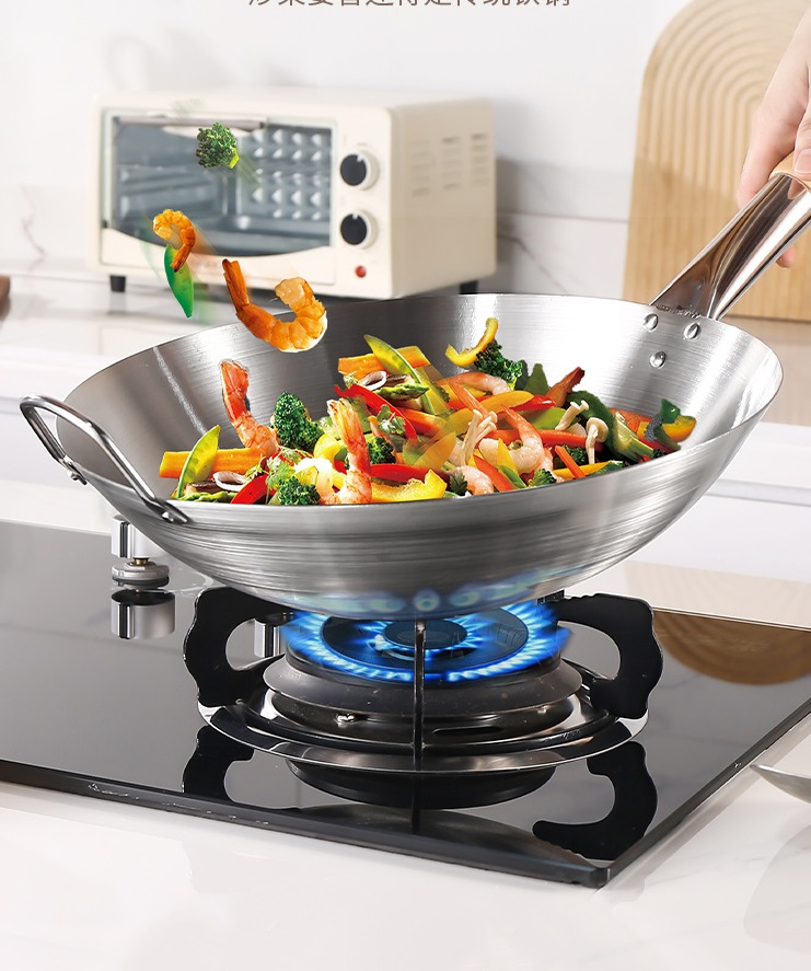 Stainless Steel Wok with Long Wooden Handle