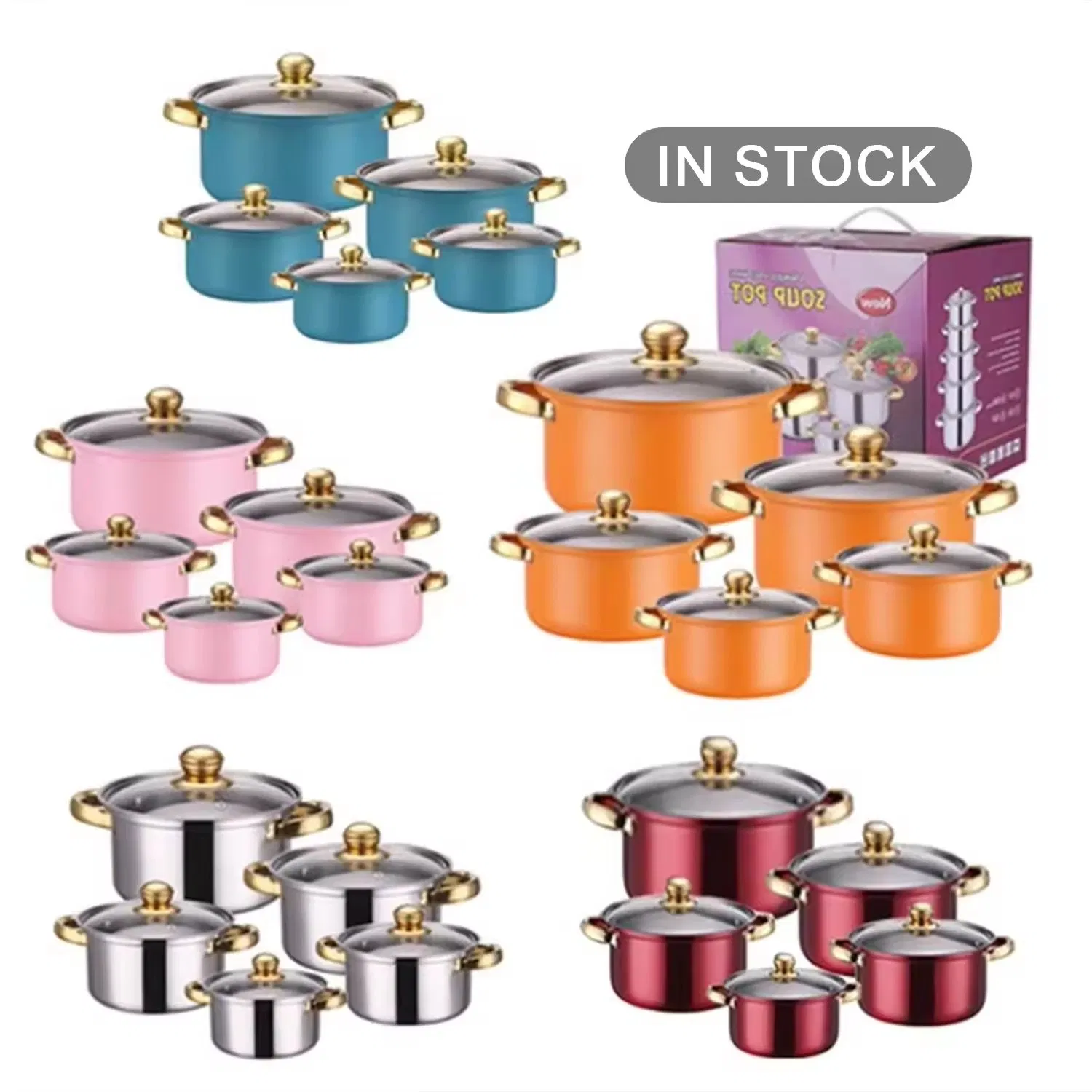 10-Piece Stainless Steel Kitchen Cookware Set Gold Handles Includes Soup Pot Cooking Pot Milk Casserole Durable Metal Pots Pans