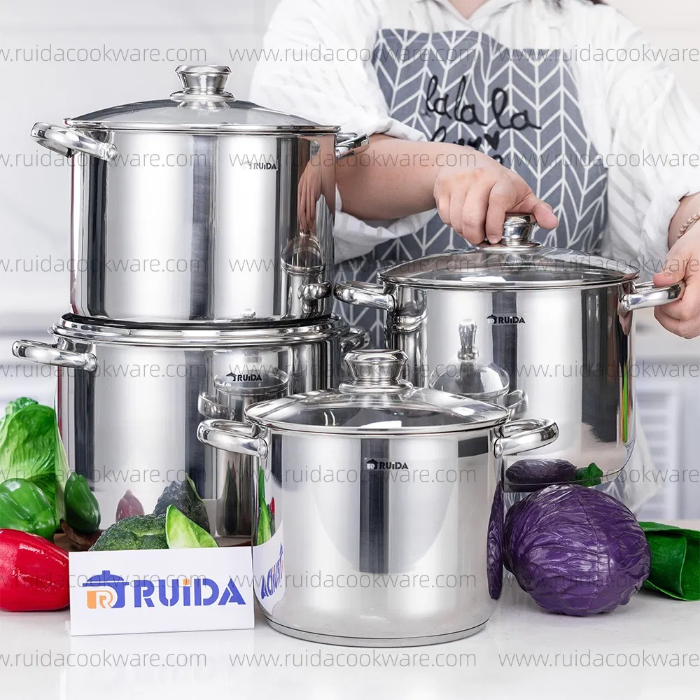 Kitchen Equipment Stainless Steel Cookware Set Silver Glass Lid Stockpot