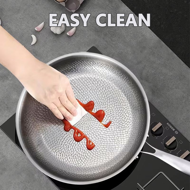 Modern Eco-Friendly 304 Stainless Steel Hammered Frying Pan Titanium Reinforced Physical Non-Stick No Coating Dishwasher Safe