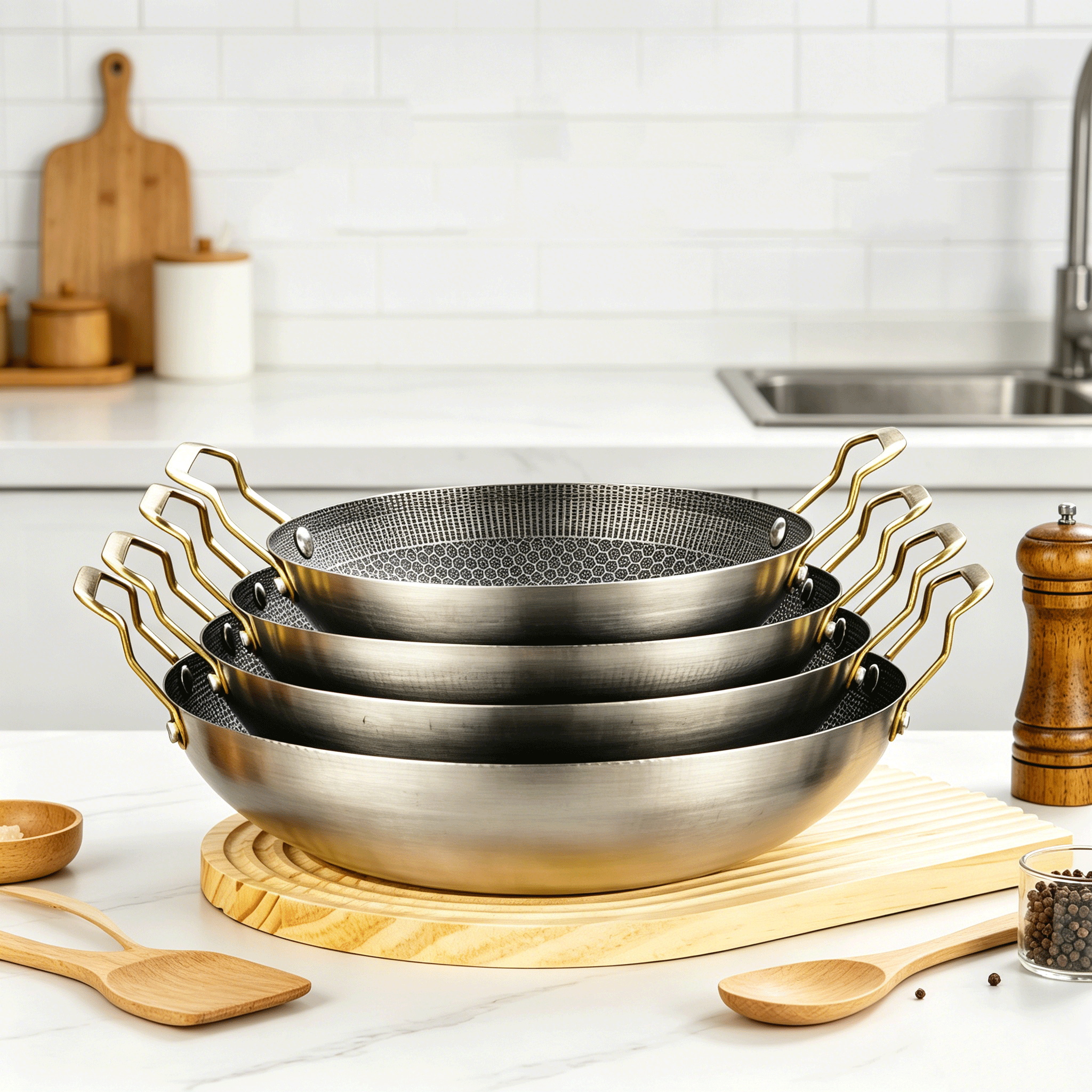 FLEY Commercial Thick Billet Honeycomb Fry Pan Stainless Steel Non Stick Korean Style Pan Multi Use Seafood Beef Fried Chicken