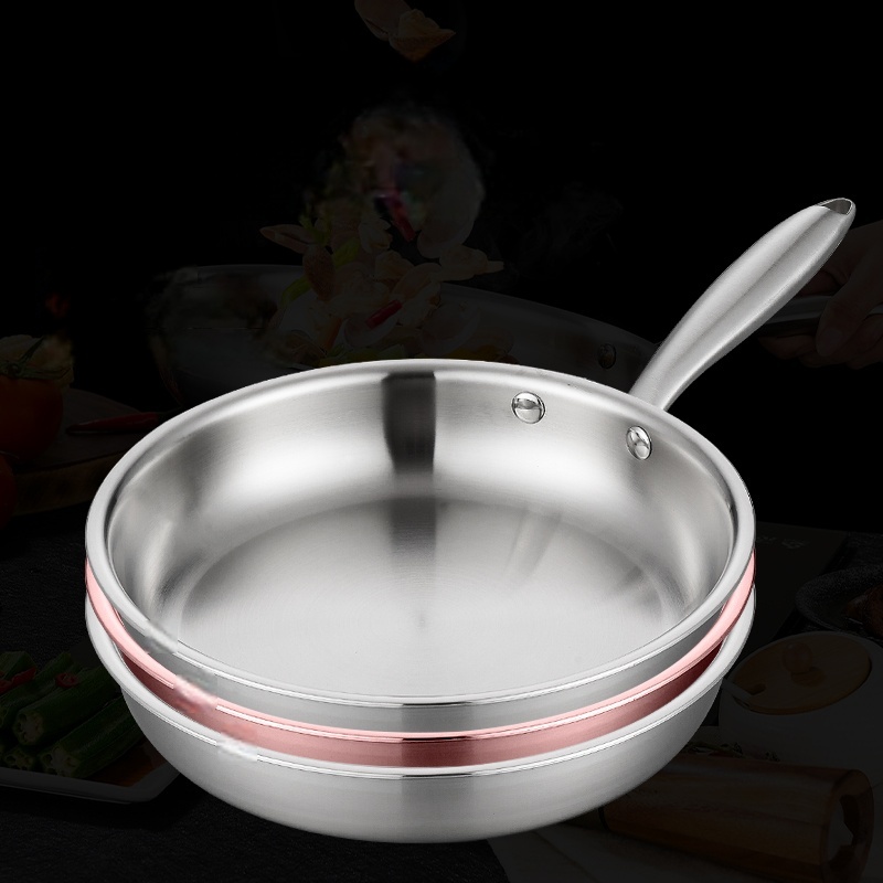304 Stainless Steel Frying Pan Triple-layer Steel Flat Bottom Custom Non-stick Suitable for Frying Steaks