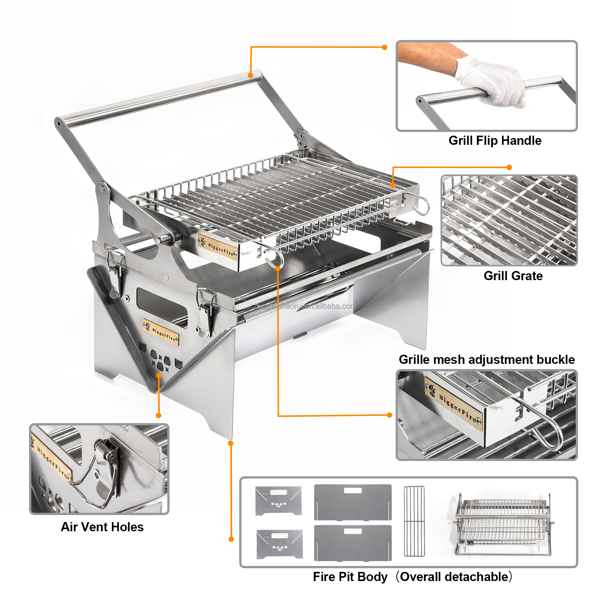 360&deg; Rotating Outdoor Garden Metal Folding BBQ Grill Stainless Steel Flipping Barbecue For Camping Picnics Beach Parties Home