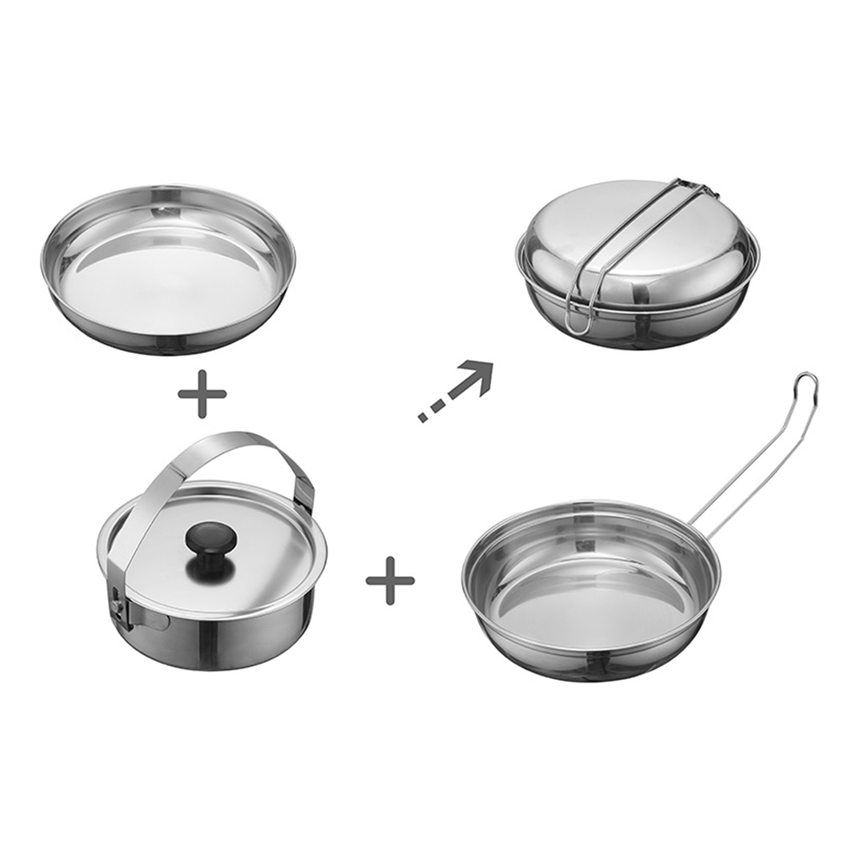 Outdoor Lightweight Eco-Friendly Stainless Steel Camping Cookware Set Saute Pans Foldable Handles >5L Capacity Gas Induction