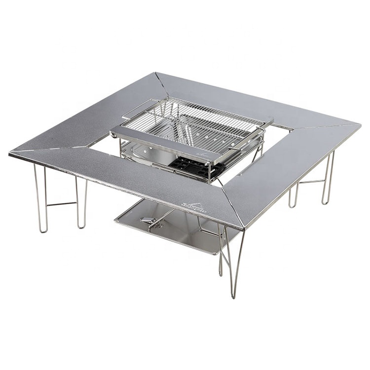 IGT Outdoor Camping Portable Folding Stainless Steel BBQ Table Collapsible Brazier Fire Pit Fireplace Square Picnic Table