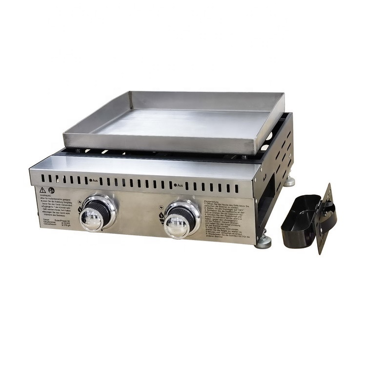 CE LFGB Portable SUS304 Stainless Steel 2 Burner Propane Gas Griddle Griddle Grill French Gas Plancha Grill