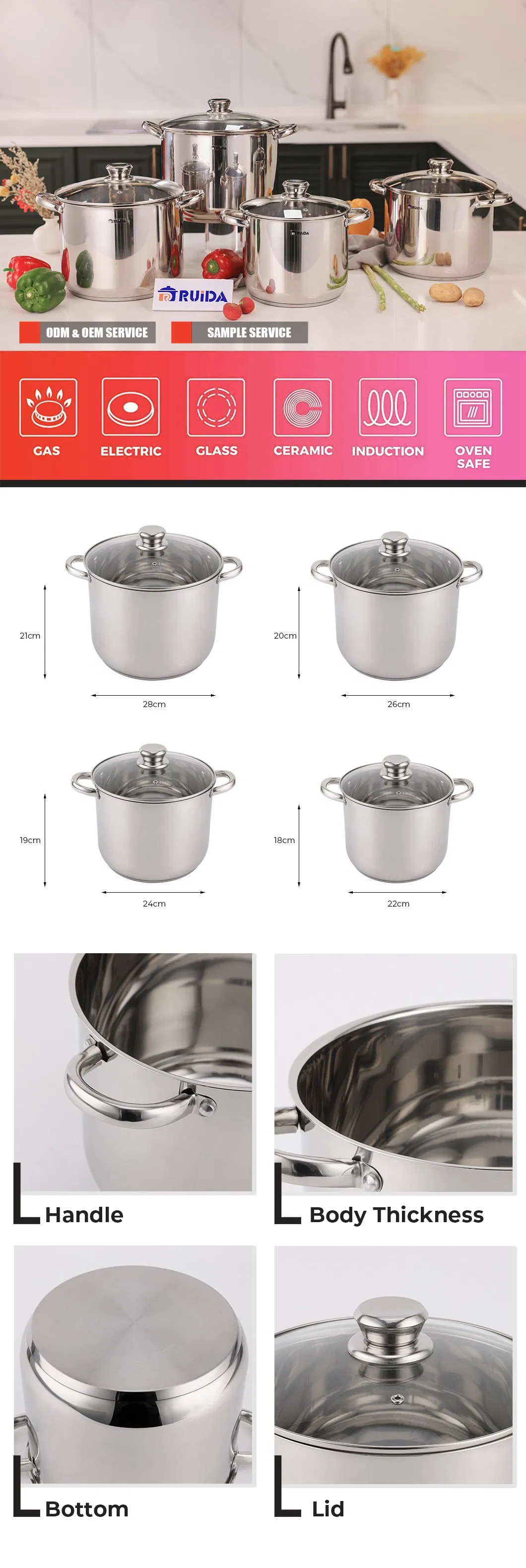 Kitchen Equipment Stainless Steel Cookware Set Silver Glass Lid Stockpot