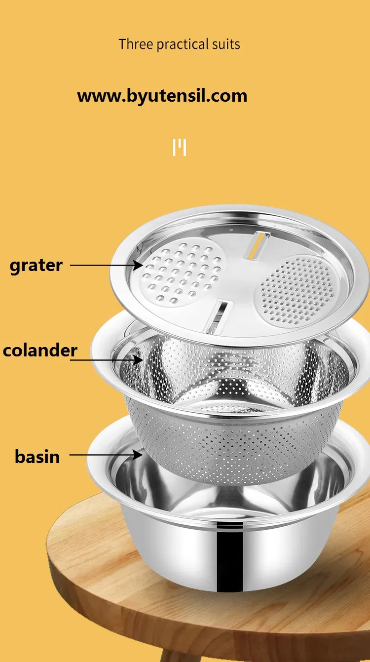 Multifunctional 3PCS Grater Set Stainless Steel Colander Mixing Bowls Washing