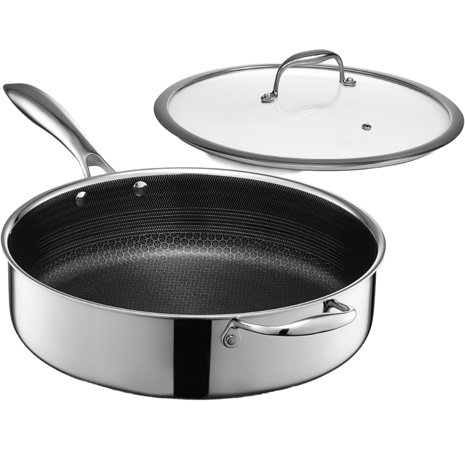 Modern 2-Piece Triple-Layer Stainless Steel Saute Pan Double Side Etched Glass Cast Steel Handle Gas Stove Compatible Kitchen