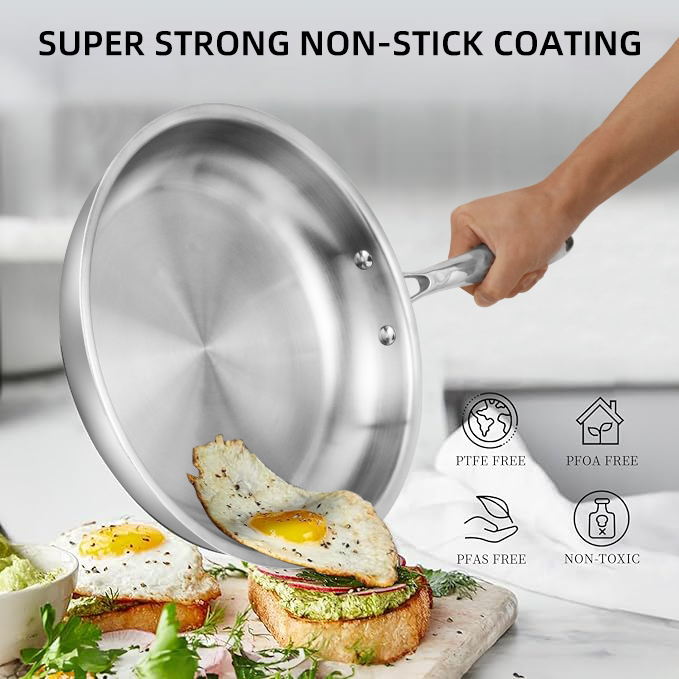 Wholesale Modern Metal Food Contact 3ply 304 Nonstick Frying Pan Eco-friendly Tri-Ply 18/10 Stainless Steel Skillet With Lid