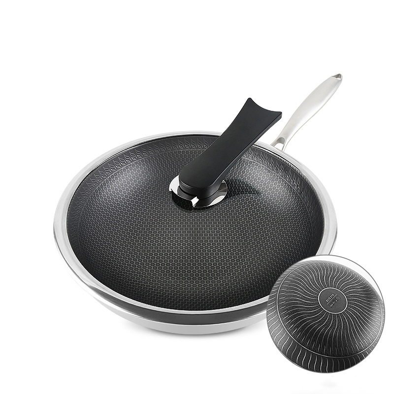Kitchenware Honeycomb Stainless Steel Nonstick Coating Griddle Wok with Glass Lid