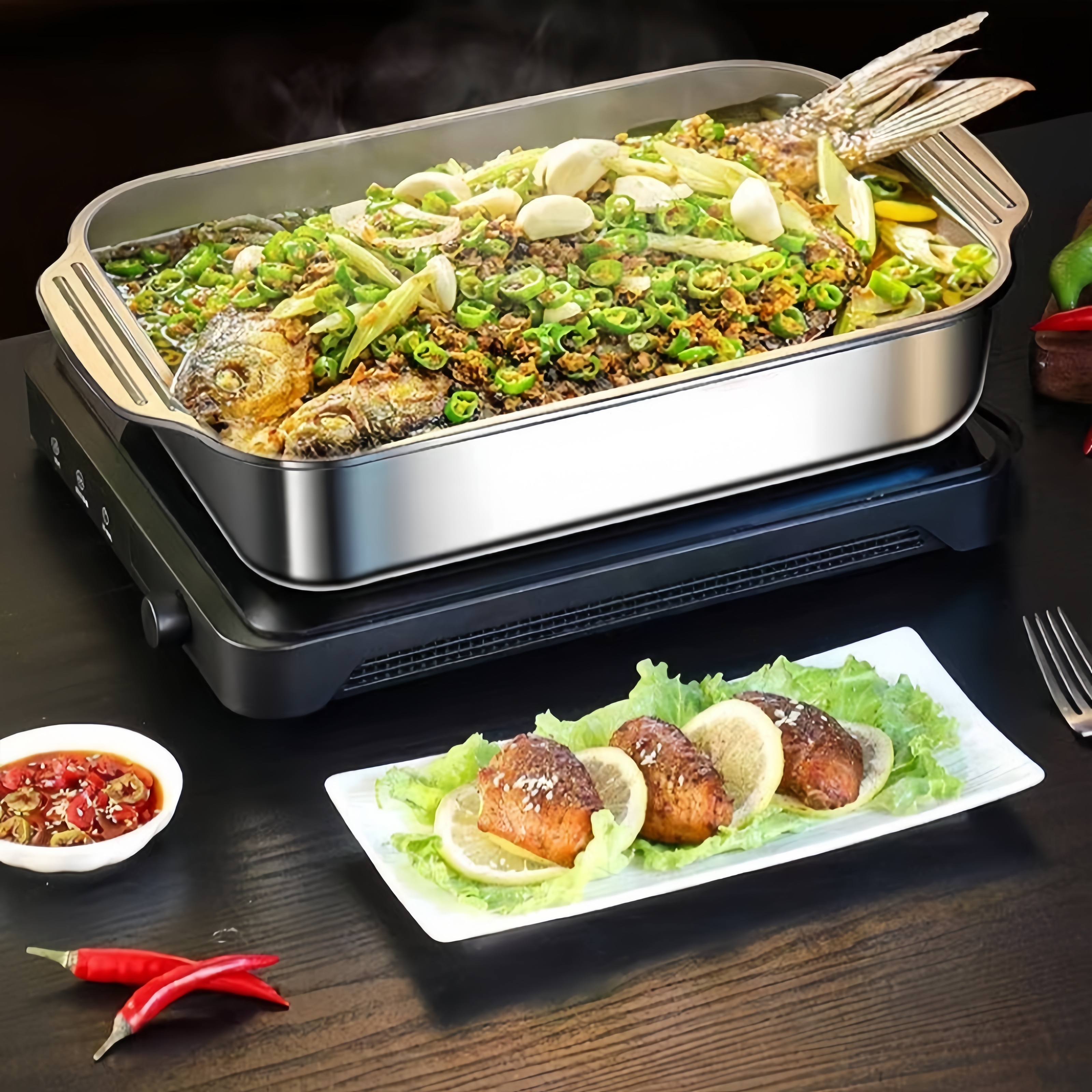 Rectangular Stainless Steel Roasting Pan for Grilled Fish Dish Grill Pan with Metal for Induction Cooker &amp; Baking Tray