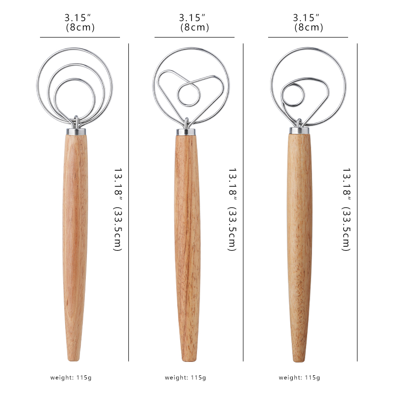 Custom Eco-Friendly Stainless Steel Kitchen Baking Dutch Style Bread Long Wooden Handle Danish Dough Whisk Dishwasher Safe Oven