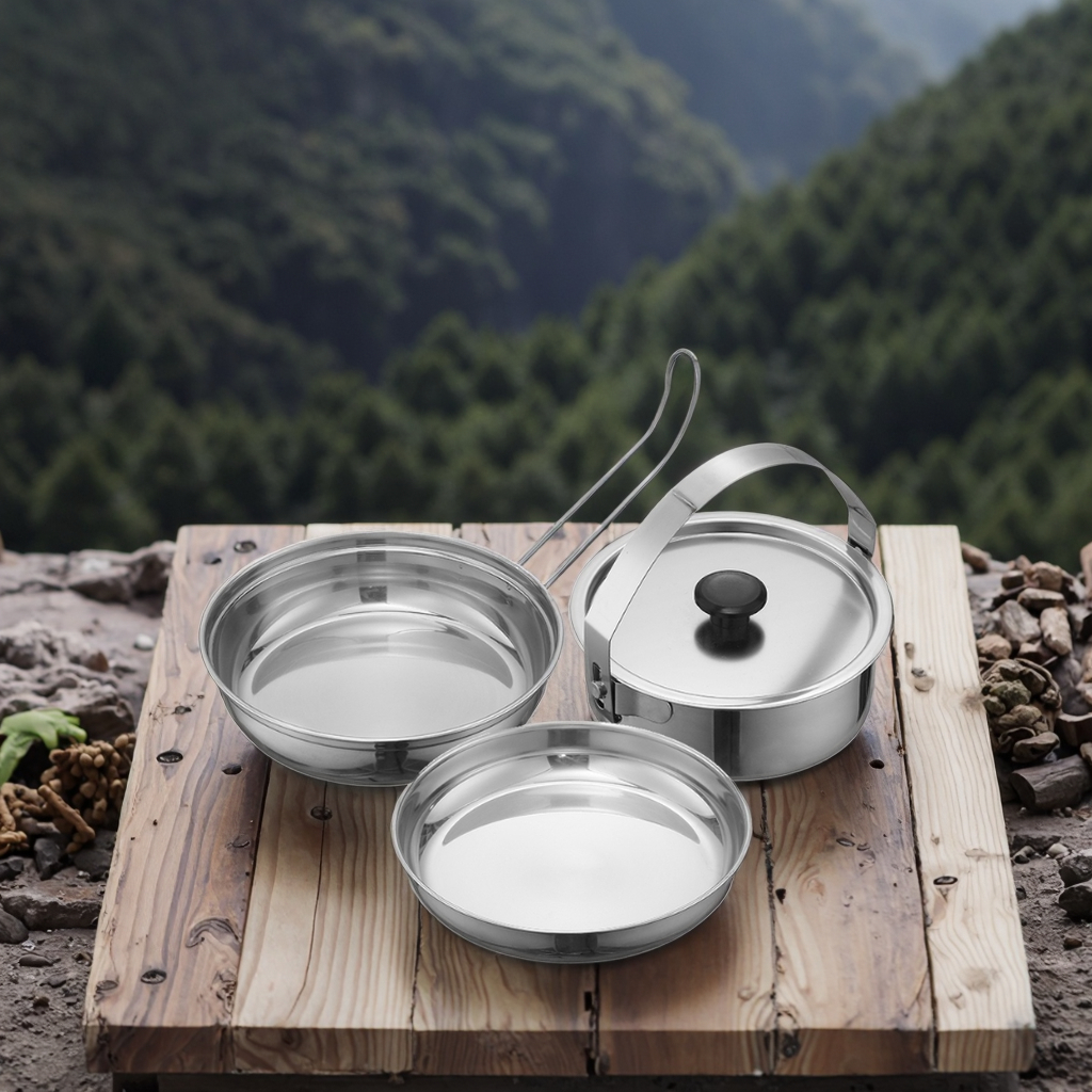 Outdoor Lightweight Eco-Friendly Stainless Steel Camping Cookware Set Saute Pans Foldable Handles >5L Capacity Gas Induction