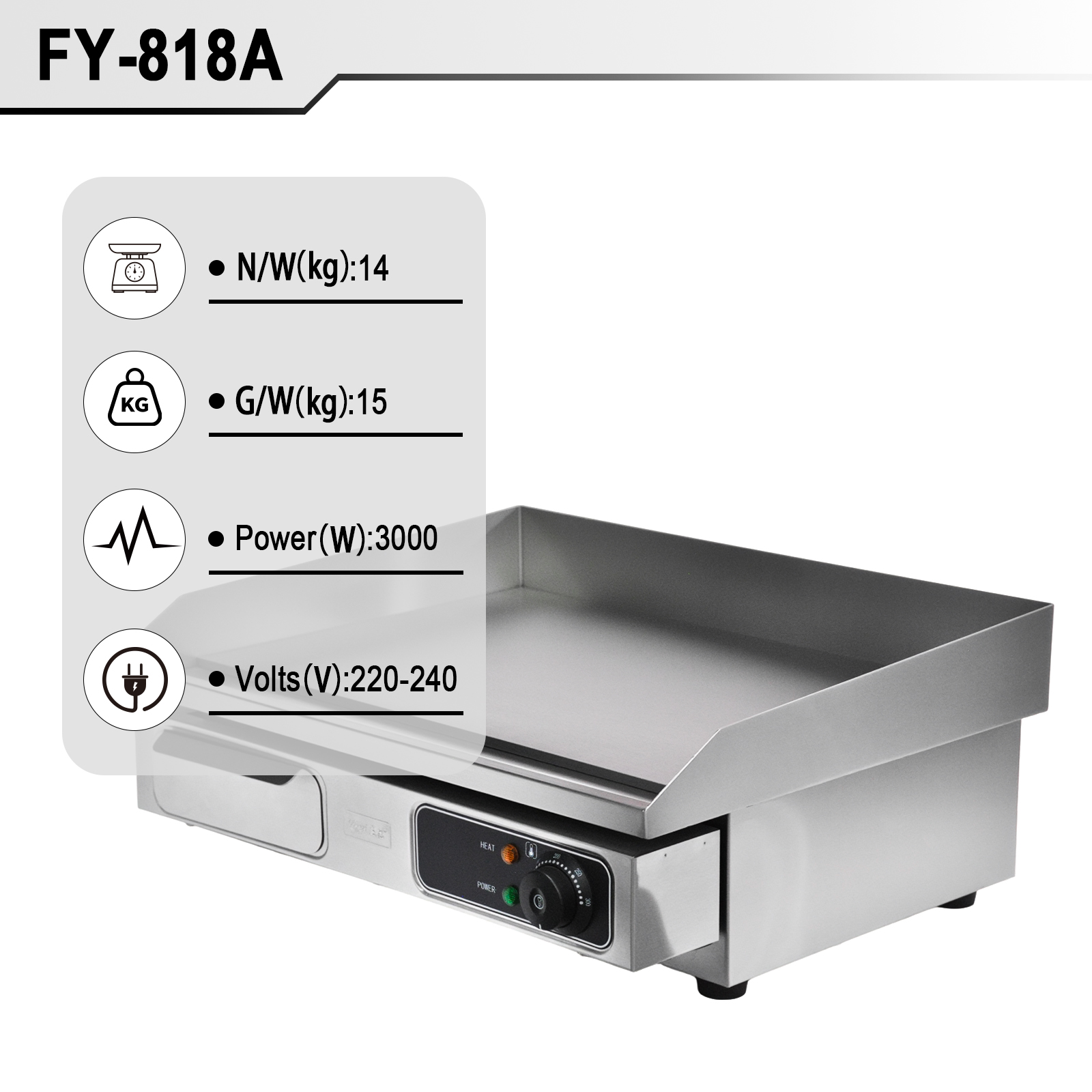 Commercial Electric Stainless Steel Griddle Full Flat Surface Non-stick Grill Temp Control Restaurant Hotel Kitchen OEM 3000W