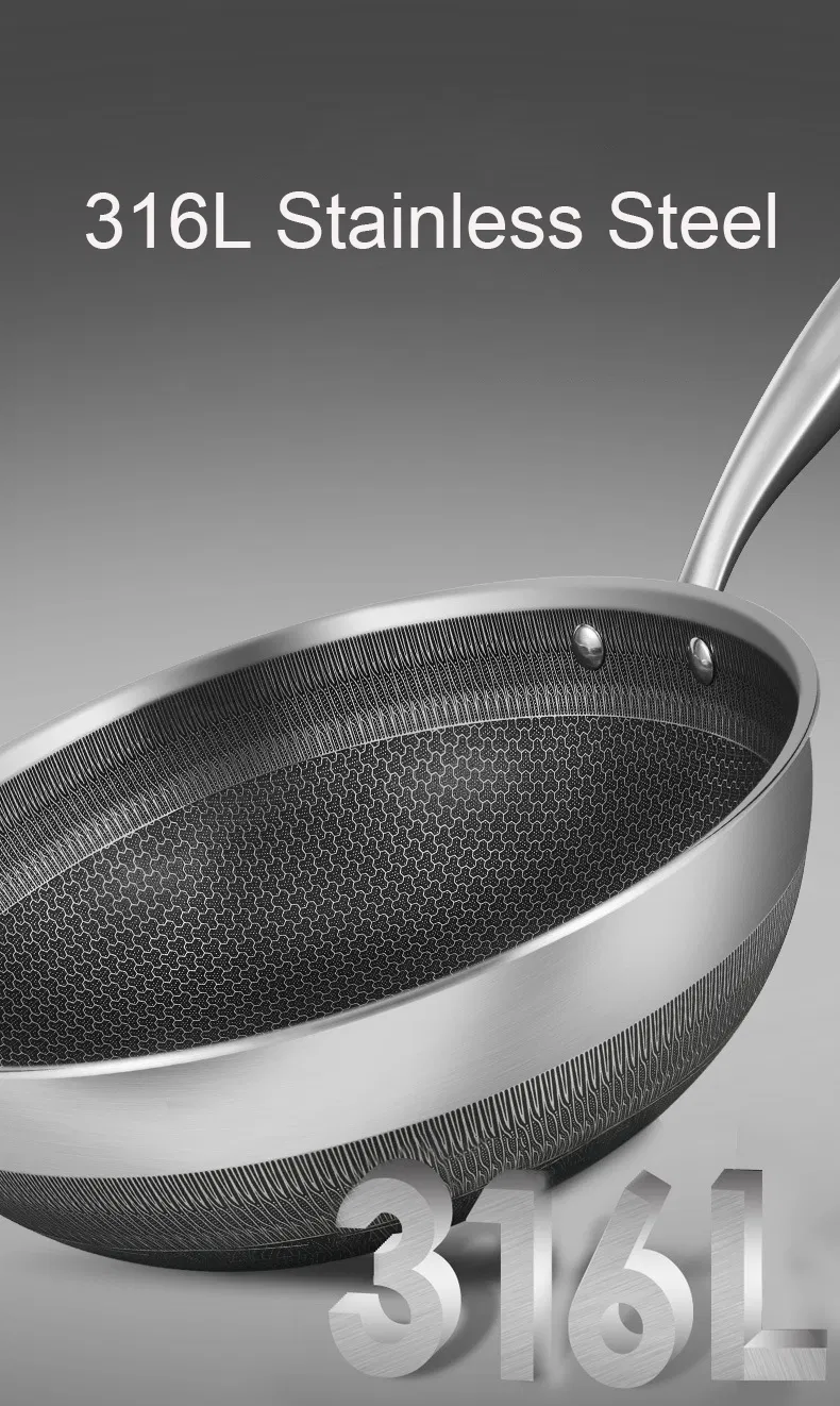 Double Sided Honeycomb 316 Stainless Steel Wok Induction Stove 32cm Cooking Wok