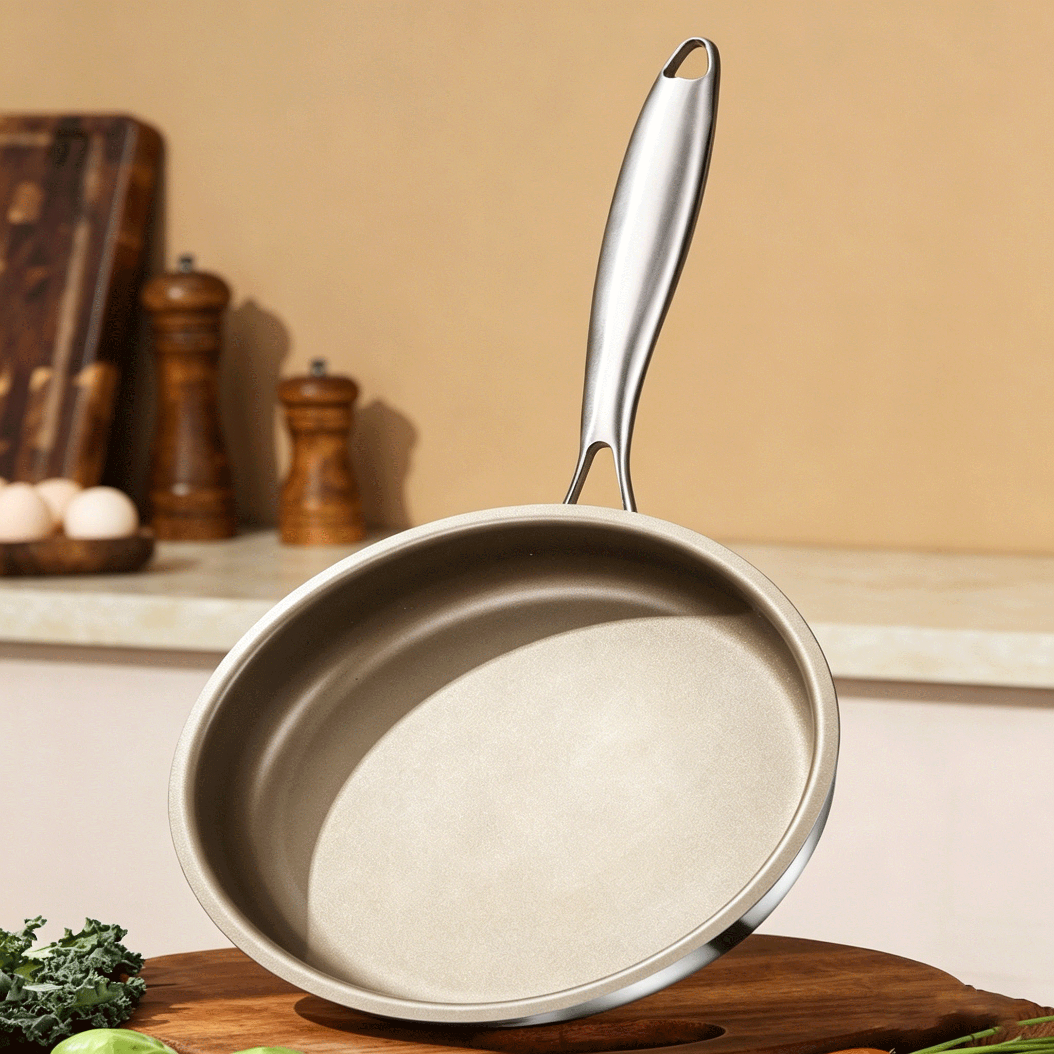 FLEY Household Titanium Coated Frypan 304/316 Stainless Steel Non Stick Saute Pan Single Handle Kitchen Frying Pan